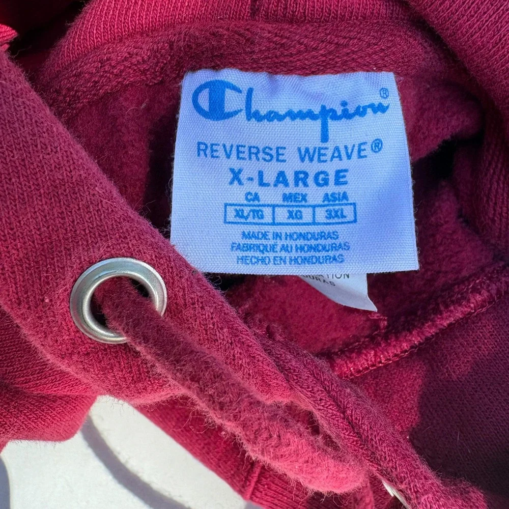 Champion Reverse Weave Hoodie Kids XL Burgundy Gothic Script Sleeve Pullover